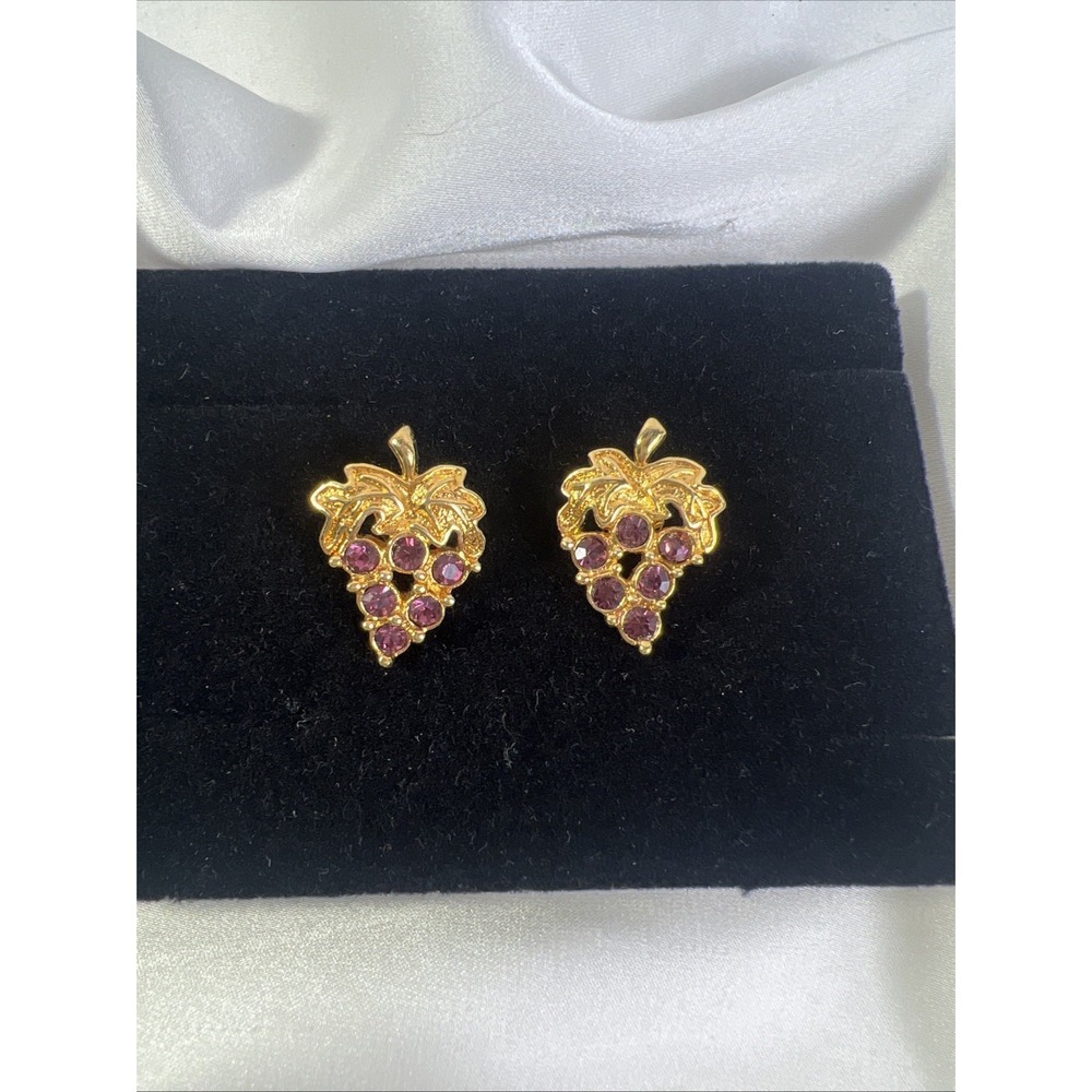 Vintage-Gold Tone Grape Purple Rhinestone Wine Drinker Earrings Piercedβ